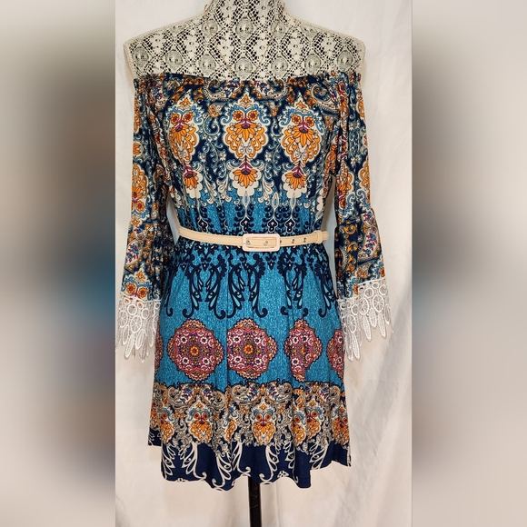 WinWin Dresses & Skirts - WinWin Blue Green boho off shoulder tunic dress
